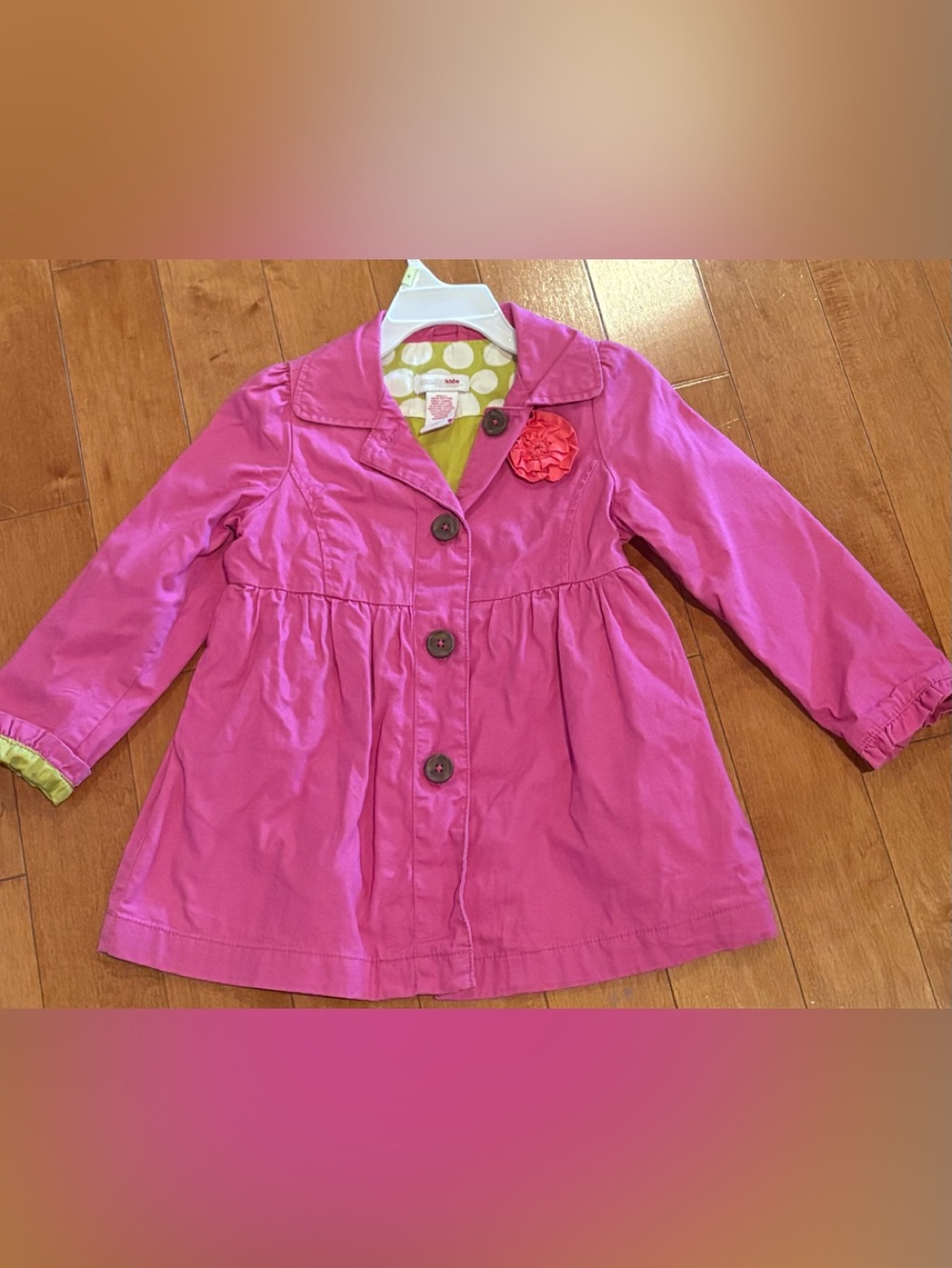 Girls' Pink Button-Front Spring Coat with Flower Accent- 3T